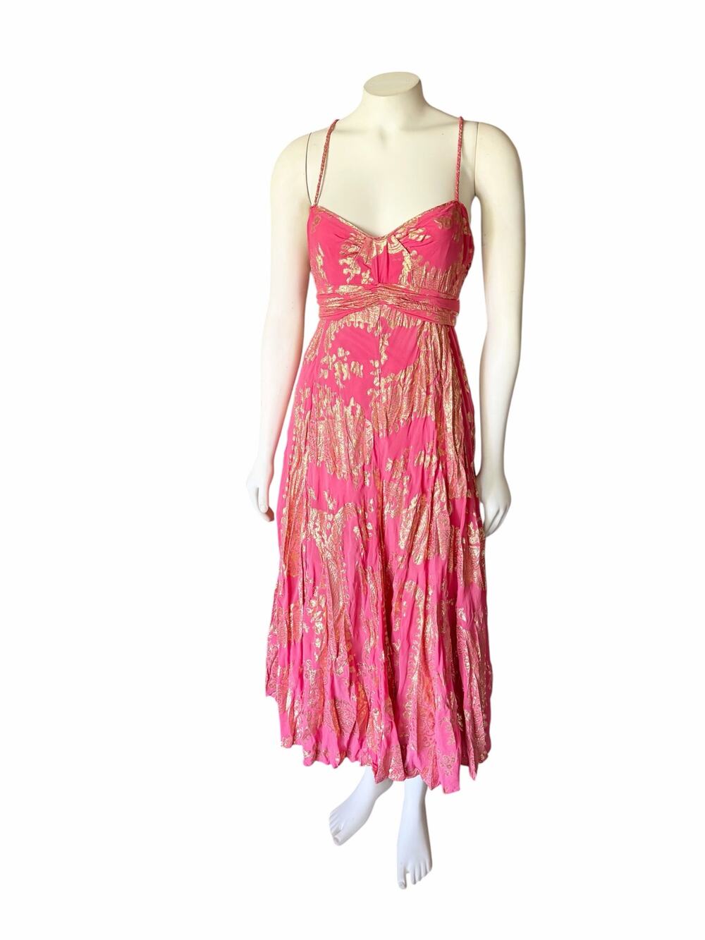 Diane Von Furstenberg Sonia Pink Gold Metallic Silk Empire Waist Dress Sz 2